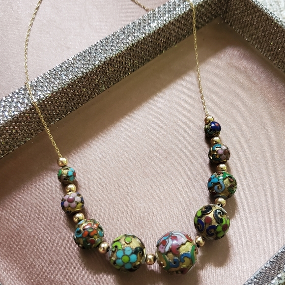 Vintage 14k Gold Cloisonne Bead Necklace - Picture 5 of 9